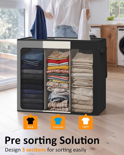 Optish 180L Laundry Hamper 3 Section, Large Laundry Hamper with Lid, Dirty Clothes Hampers with 3 Inner Bags, Laundry Basket Organizer for Laundry, Bedroom, Bathroom, Hamper 3 Compartment, Black