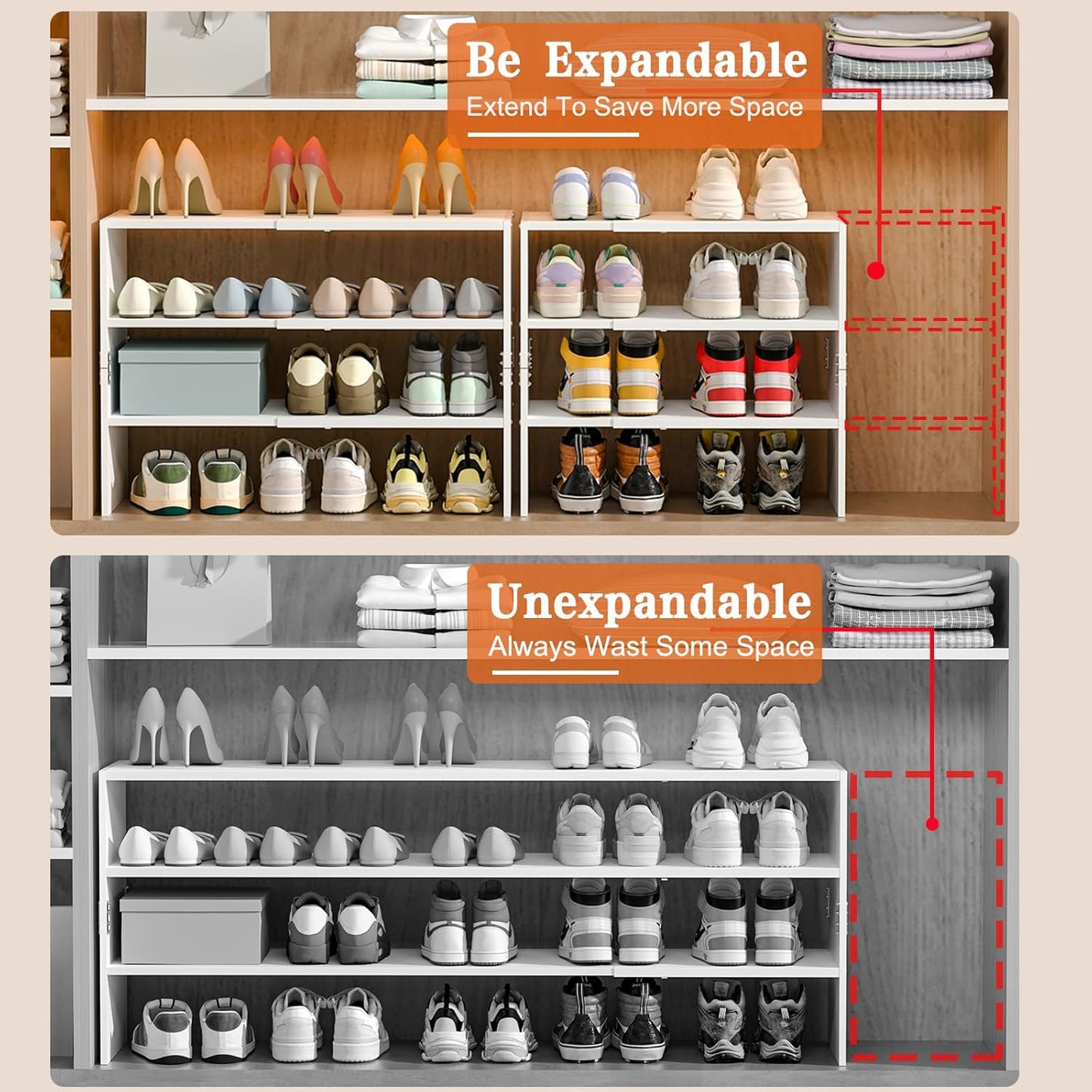 White Shoe Rack Organizer for Closet, 2-Tier Expandable Shoe Shelf, Stackable Iron Wood Combination Small Shoe Racks Shelves for Closets, Entryway,Small Space,Hallway,Bedroom,Bathroom,6-12 Pairs