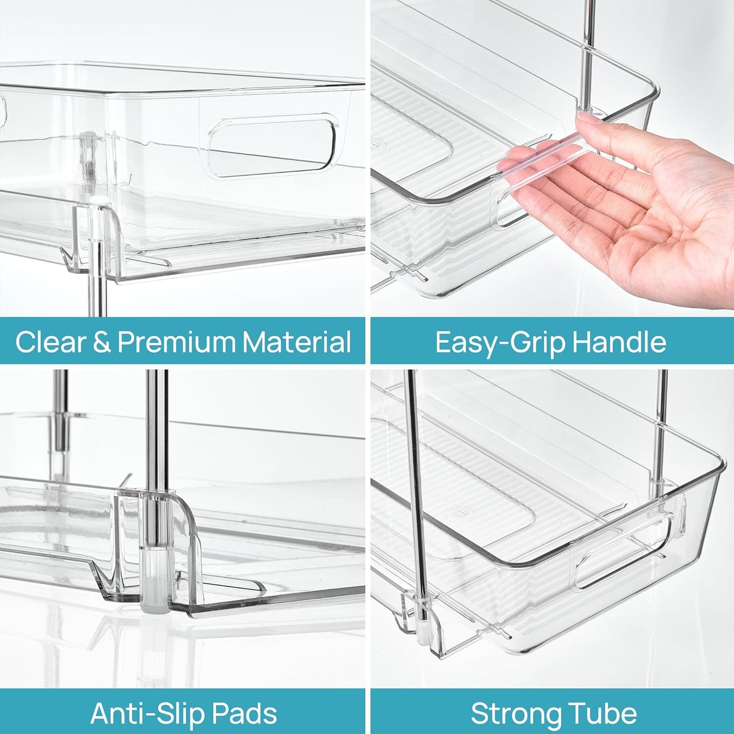 Vtopmart 2 Tier Bathroom Storage Organizer, 2 Pack Clear Under Sink Organizers Vanity Counter Container, Cabinet Drawers Bins, Pull-Out Organization with Track for Pantry, Kitchen