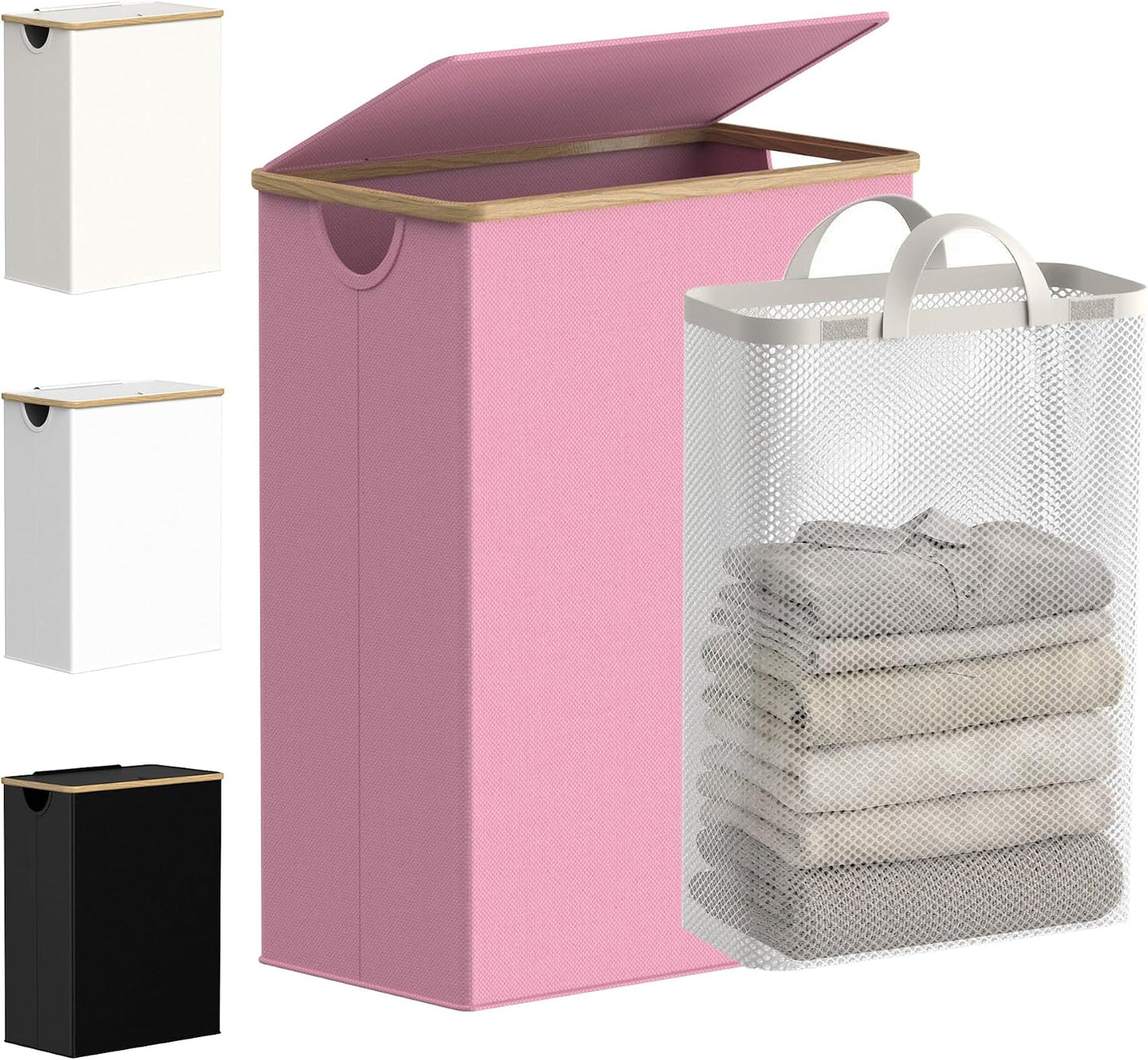 efluky Slim Laundry Basket with Lid, Narrow Laundry Hamper with Removable Bag, Skinny Dirty Clothes Basket with Bamboo Handles for Bathroom, Bedroom & Laundry Room, 75L Beige
