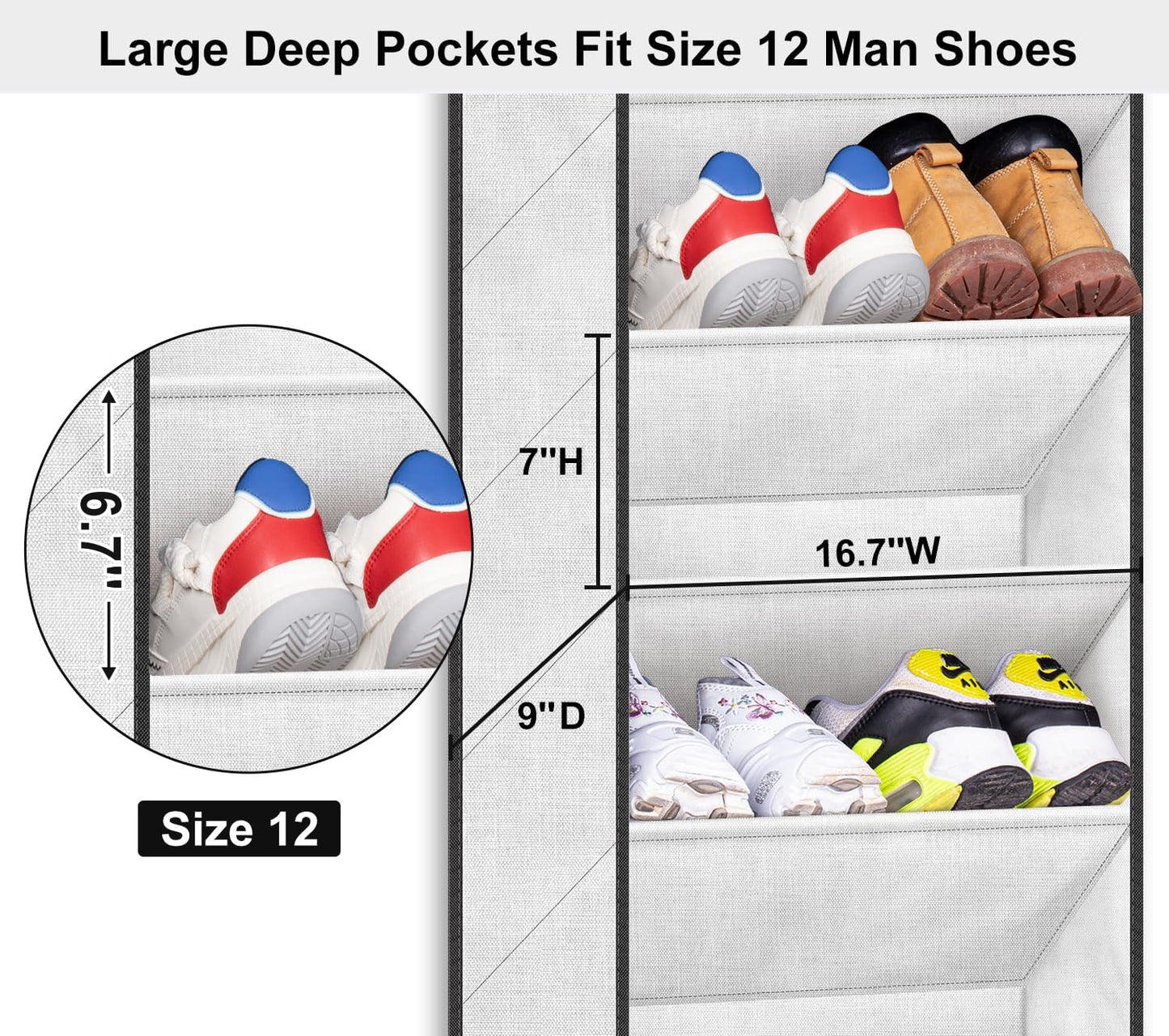 SLEEPING LAMB Over The Door Shoe Organizer for Closet with Large Deep Pockets, Narrow Shoe Rack for Door Hanging Boots Storage, Black