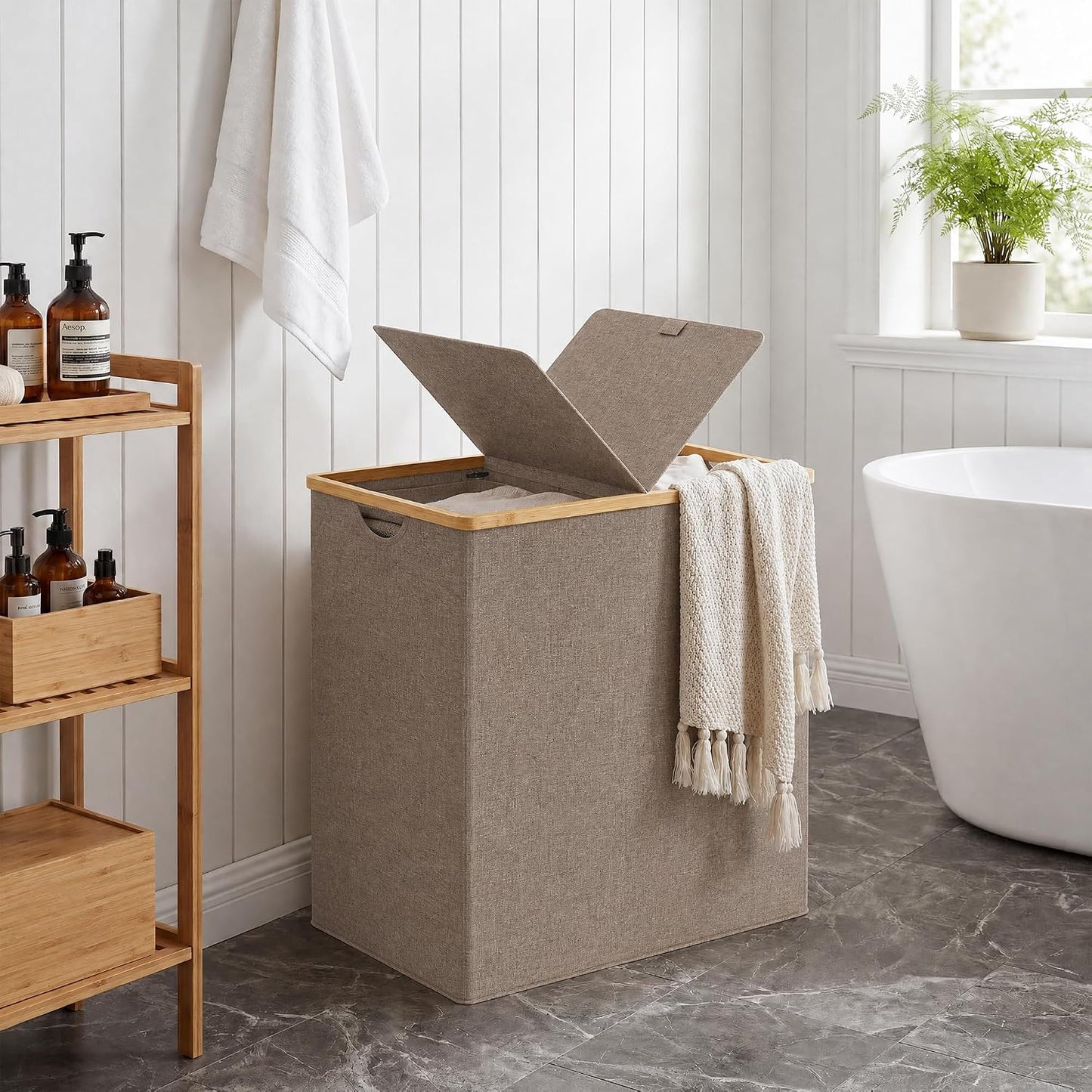 efluky Laundry Hamper with Lid, Trio Laundry Basket with 2 Removable Bags, 3 Section Laundry Bin with Bamboo Handles for Bathroom, Bedroom & Laundry Room, 160L (42.3 Gallon) Beige