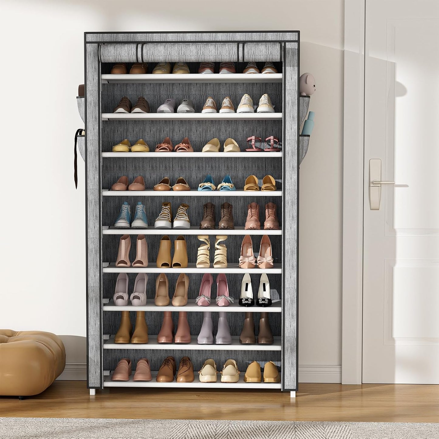 VILICK Shoe Rack with Cover Narrow Shoe Organizer with 4 Side Pockets 10 Tier Tall Shoe Storage Holds 18-22 Pairs Shoes and Boots Shoe Rack for Closet Entryway Garage