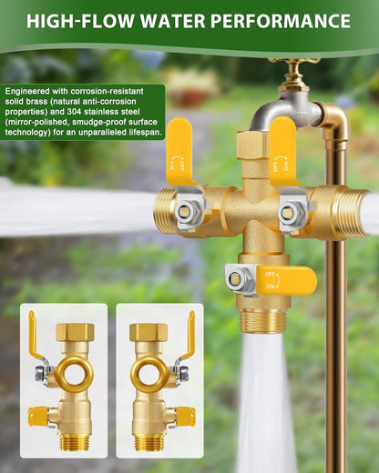 Garden Hose Splitter, 3 Way Heavy Duty Brass hose splitter, Water Hose Bib Spigot Splitter with 0.59" Full Flow Ball Valve Outlet & Shut-Off Valve 3/4'' Connector Outdoor Water Faucet Adapter
