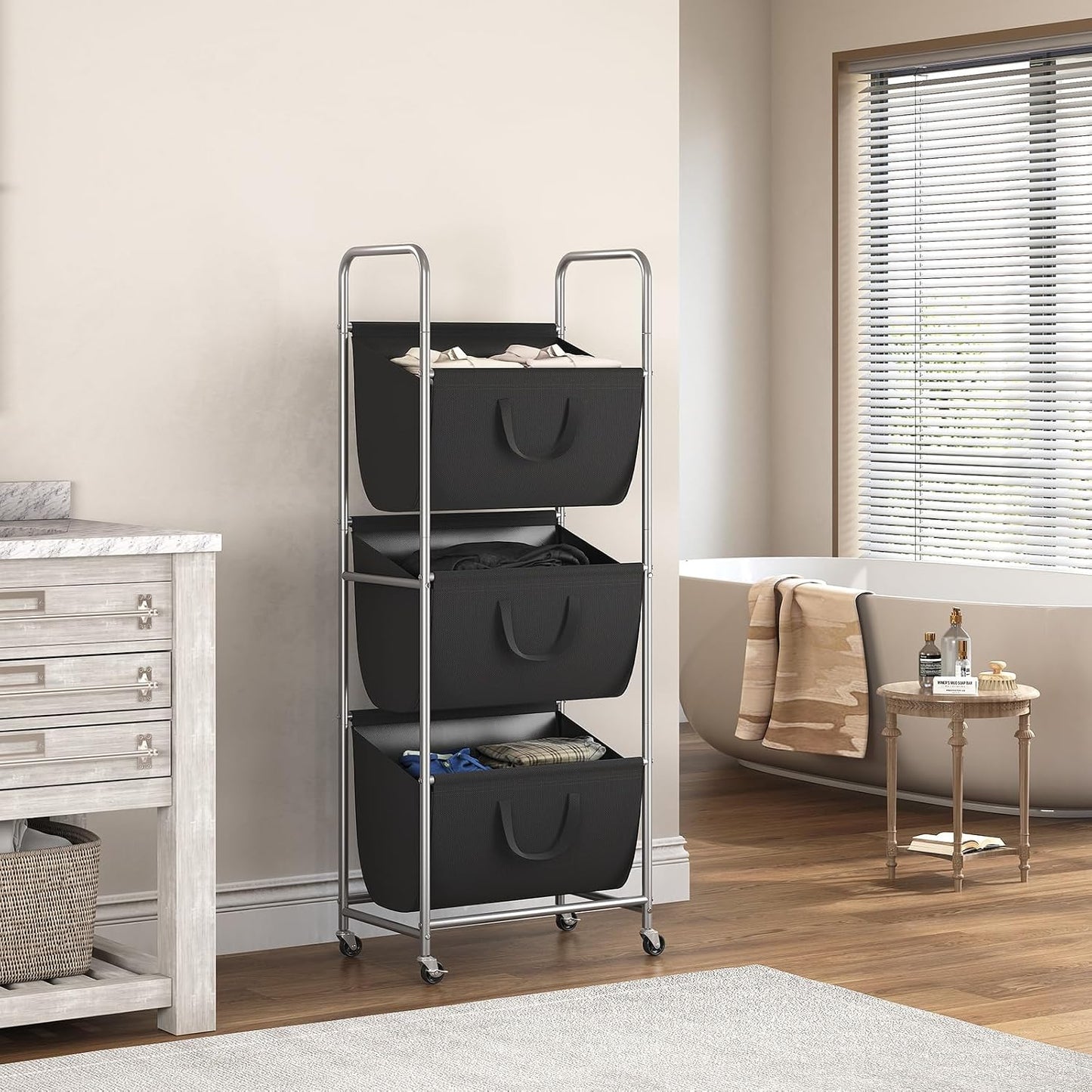 ELYKEN 120L Vertical Rolling Laundry Hamper with Removable Bags, 3 Section Laundry Baskets with Wheels, Space-Saving 3 Tier Laundry Sorter for Small Spaces, Dorm, Bedroom, Bathroom, Laundry Room