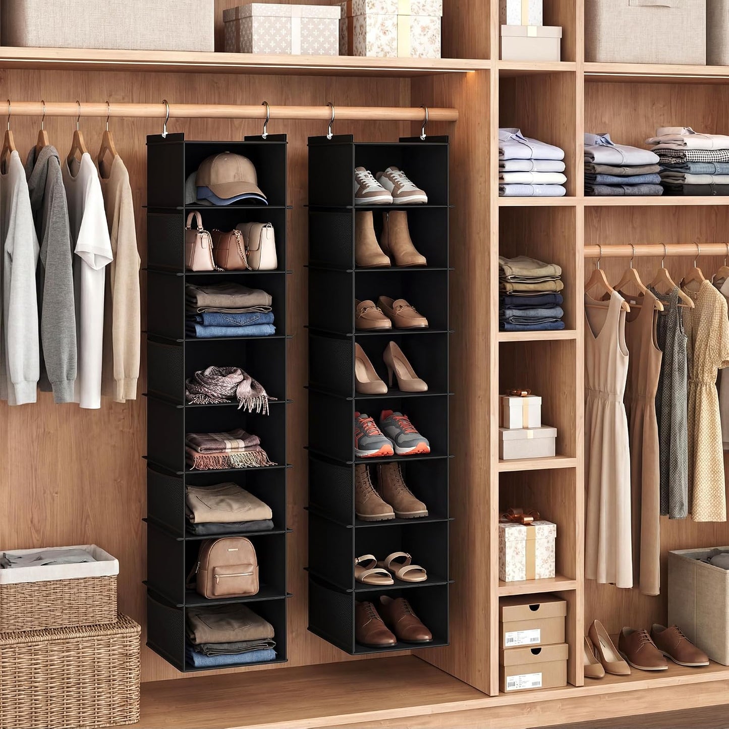 YOUDENOVA Upgraded Extra Wide Hanging Shoe Organizer for Closet, 8-Shelf Storage Organizer with 8 Side Pockets, Hanging Shoe Rack for Hats Clothes Jeans, Grey