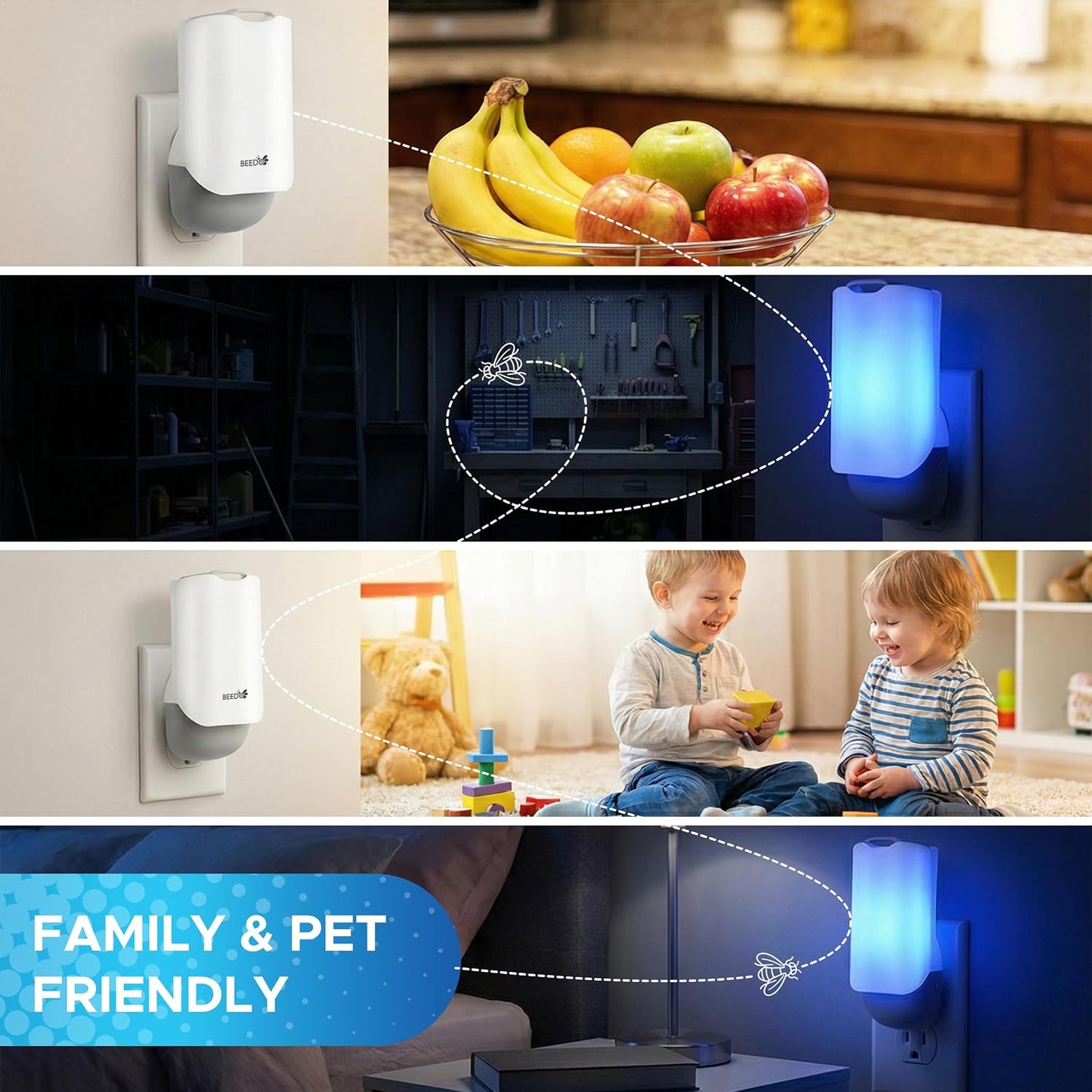 Beedo Gnat Fruit Fly Flying Insect Trap Starter Kit, Indoor Bug Catcher Plug in Device for House, Mosquito, Drain Flies Killer, Blue and UV Light Combo, Zapper Alternative, 1 Device with 5 Glue Insert