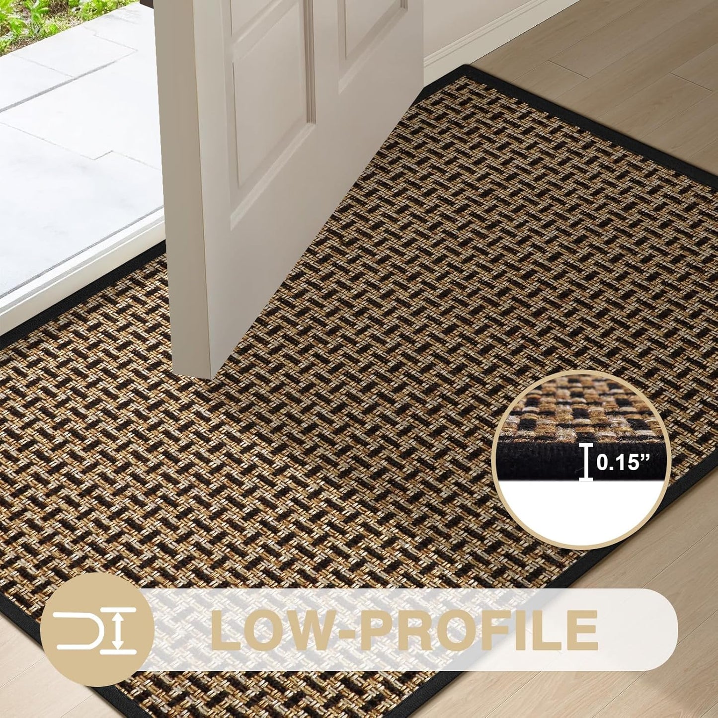 LEKEEPGO Ultra Thin Indoor Door Mat 17"x29", Low-Profile Door Mat Indoor Entrance, Non Slip Rubber Backing Inside Doormat Washable Welcome Front Entryway Dirt Trapper Entry Mat, Khaki