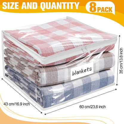 Plastic Storage Bags with Easy-Glide Zipper, Pack of 8, Durable Clear Vinyl Zippered Storage Bags for Clothes Sweaters Comforters Blankets Sheets Bedding (15.7 x 13.8 x 3.9 Inch, White)