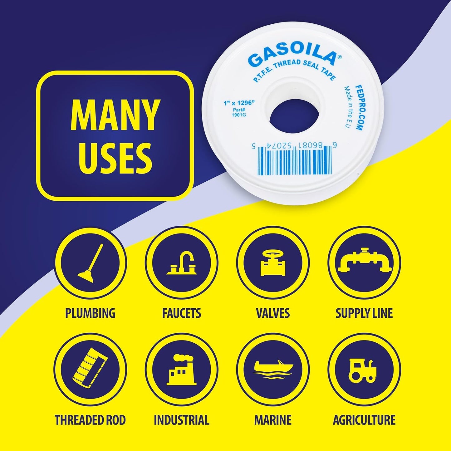 Gasoila PTFE Thread Seal Tape – Professional-Grade, 3/4 Inch x 520 Inch, Low-Density Thread Tape for Plumbing and Water Pipes – Leak-Proof Seal, Non-Toxic