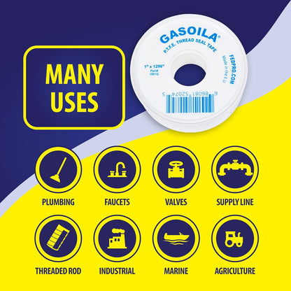 Gasoila PTFE Thread Seal Tape – Professional-Grade, 3/4 Inch x 520 Inch, Low-Density Thread Tape for Plumbing and Water Pipes – Leak-Proof Seal, Non-Toxic