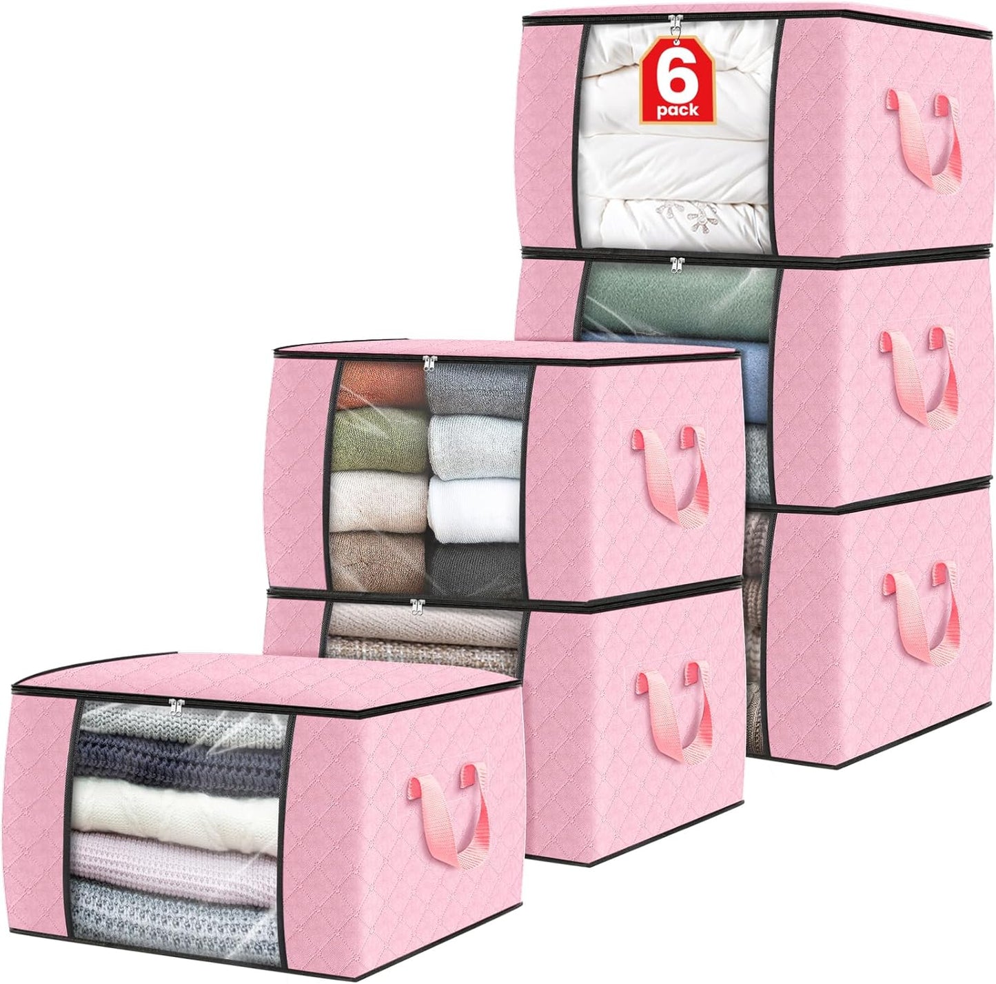 Fab totes 6 Pack Storage Bags for Clothes and Blanket, Foldable Closet Organizers and Storage with Zippers, Clear Window and Handles, Fabric Storage Bins for Sweater, Comforter, Bedding,Linen Sheets