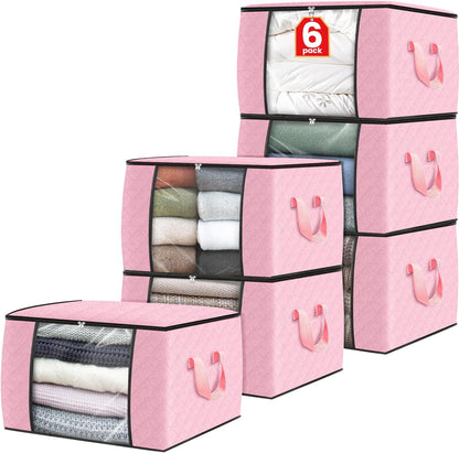 Fab totes 6 Pack Storage Bags for Clothes and Blanket, Foldable Closet Organizers and Storage with Zippers, Clear Window and Handles, Fabric Storage Bins for Sweater, Comforter, Bedding,Linen Sheets