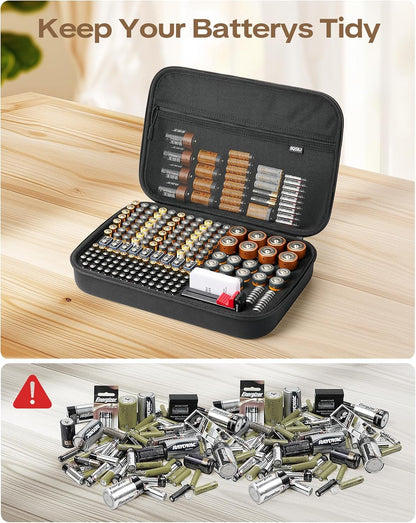 Battery Organizer Storage Case Box with Emergency Power Bank - Convert 4 AA Batteries to Phone Charger with Tester BT-168 PRO for AA AAA C D 9V CR2032 3V, Safe Battery Holder Holds 200+ Batteries