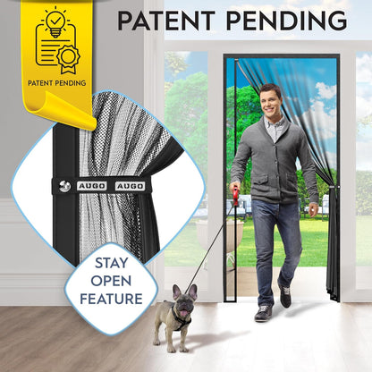 AUGO Heavy Duty Magnetic Screen Door – Fiberglass Pet Resistant Mesh, Self Sealing Hands Free Magnetic Closure, Tear Resistant Door Screen Keeps Bugs Out, Patent Pending Keep Open Feature – 38” x 83”