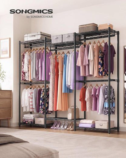SONGMICS Heavy-Duty Clothes Rack, Garment Rack, Portable Closet, 68.7-Inch Wide Clothing Rack with Adjustable Mesh Shelves and Hanging Rails, Ink Black ULGR433B01