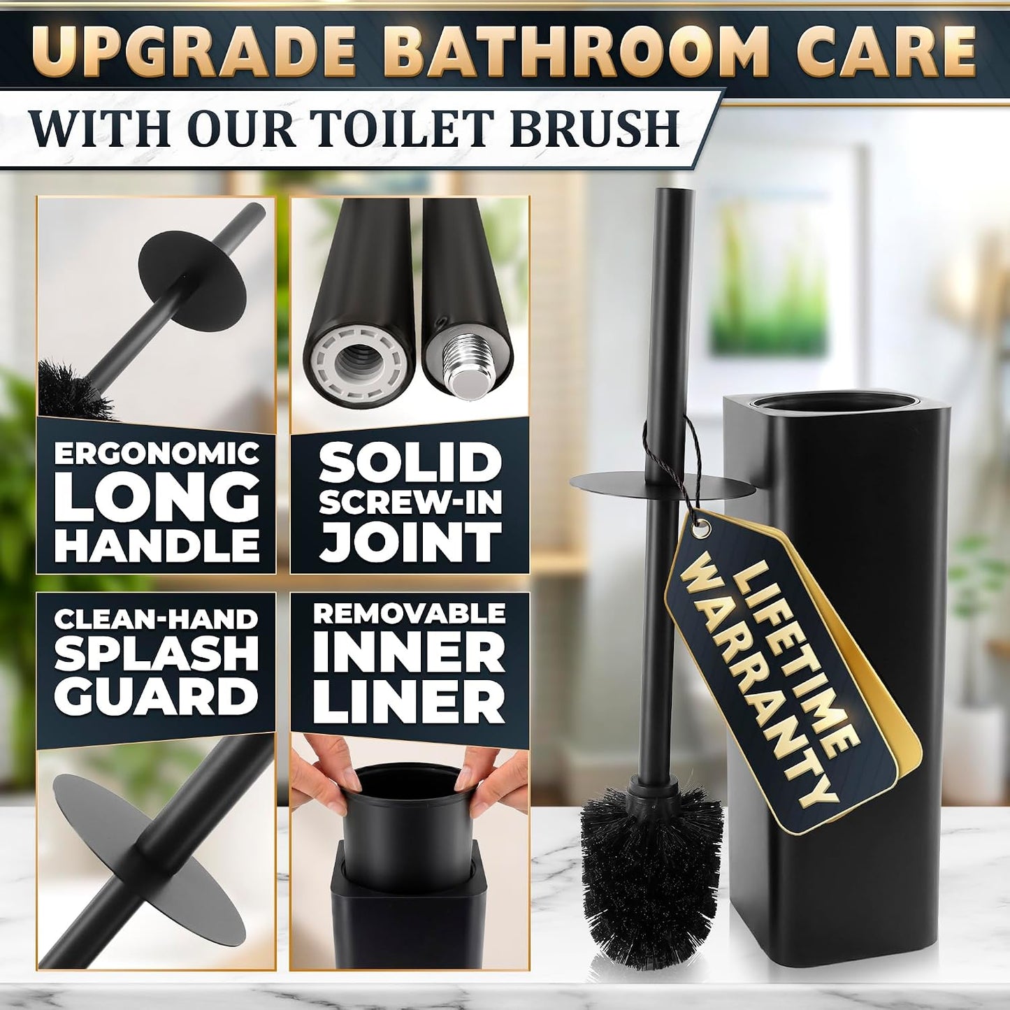Black Toilet Brush and Holder Set - Slim Matte Design that Fits Anywhere - Stainless Steel Toilet Bowl Brush and Holder with 2 Rounded Corners, Replaceable Head, Removable Inner Bowl & Splash Guard