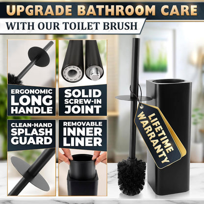 Black Toilet Brush and Holder Set - Slim Matte Design that Fits Anywhere - Stainless Steel Toilet Bowl Brush and Holder with 2 Rounded Corners, Replaceable Head, Removable Inner Bowl & Splash Guard