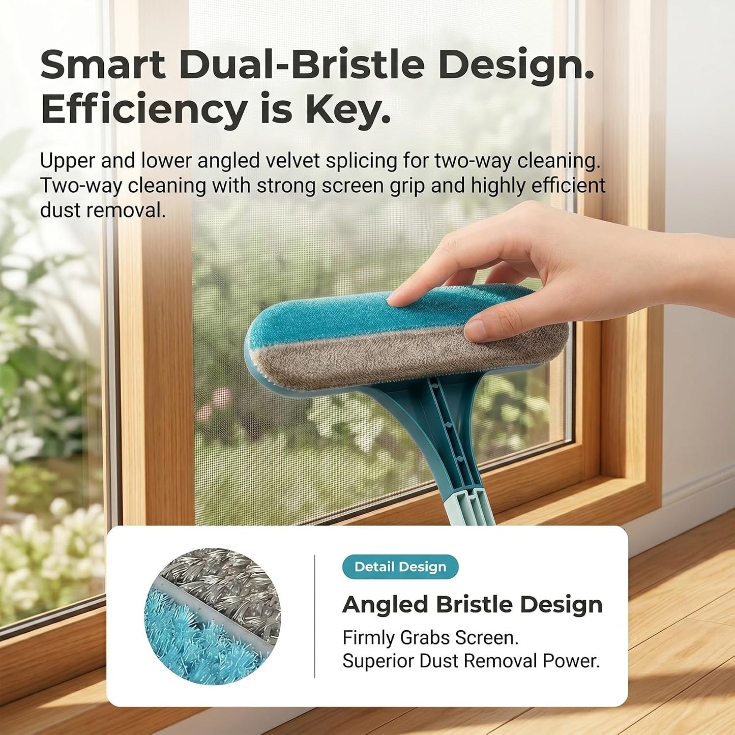 Window Screen Cleaner Tool Outdoor Mesh Cleaning Brush Full Crystal Glass Door LCD Track Hose Washer Windshield Clean 2-in-1 Multi-Purpose Double-Sided Kit with Vacuum Squeegee Handle(Blue)
