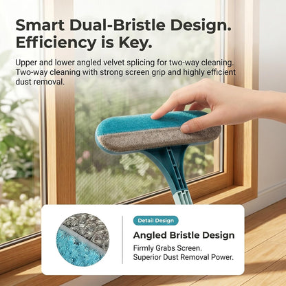 Window Screen Cleaner Tool Outdoor Mesh Cleaning Brush Full Crystal Glass Door LCD Track Hose Washer Windshield Clean 2-in-1 Multi-Purpose Double-Sided Kit with Vacuum Squeegee Handle(Blue)