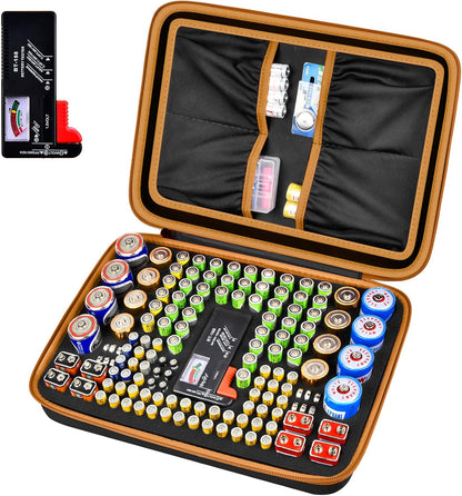 Comecase Battery Storage Case with Tester, Holds 148+ AA AAA C D 9V, Black | Hard-Shell Design, Carry Handle and Custom Foam Slots Keep Batteries Visible, Separated and Ready for Home, Garage or Office