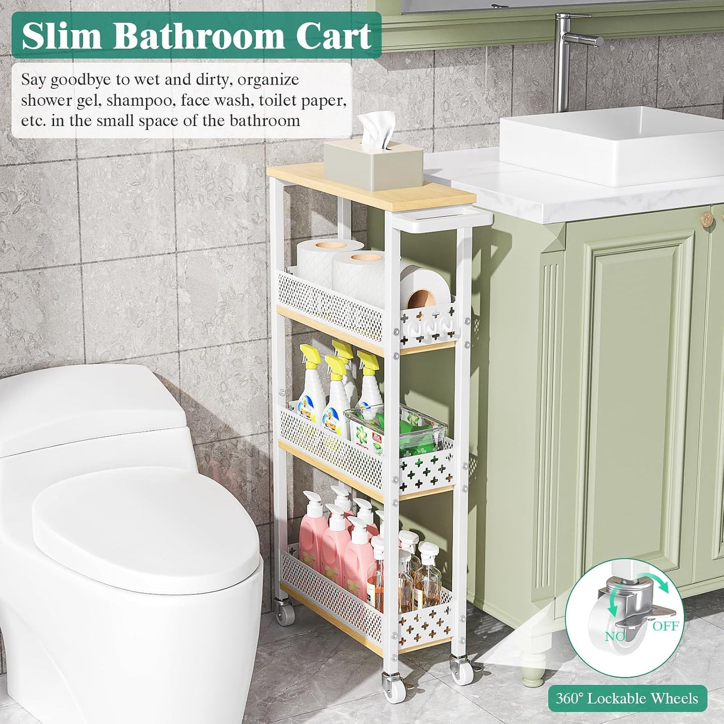 Giwil 4-Tier Slim Rolling Storage Cart for Kitchen Bathroom Organizer, Mobile Narrow Storage Cabinet Utility Cart with Wood Rack on Wheels for Pantry Laundry Small Space