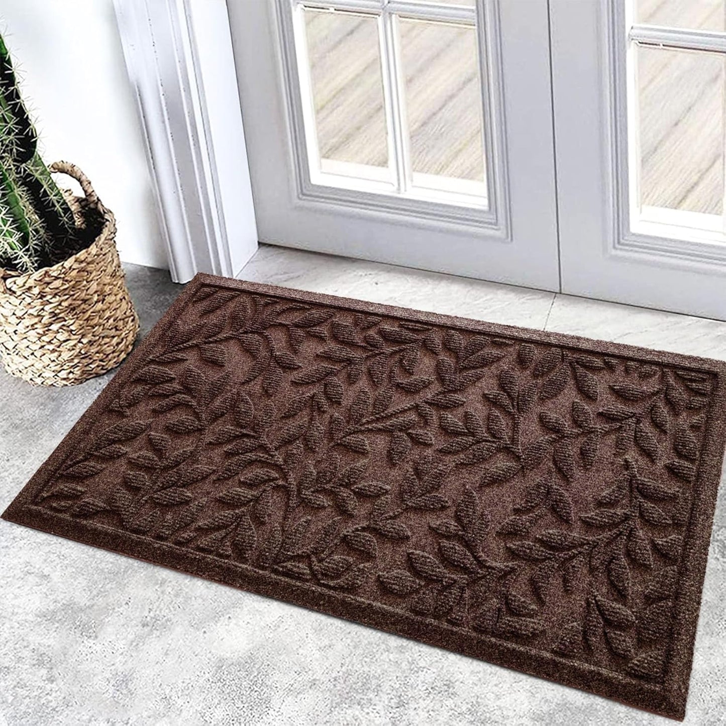 Bulijojo Sturdy Front Entrance Doormats,Durable Heavy Duty Welcome Mat,Thick Absorbent Natural Rubber Non Slip Mat,Easy Clean Entryway Mat 17x30 Inch Leaves Green