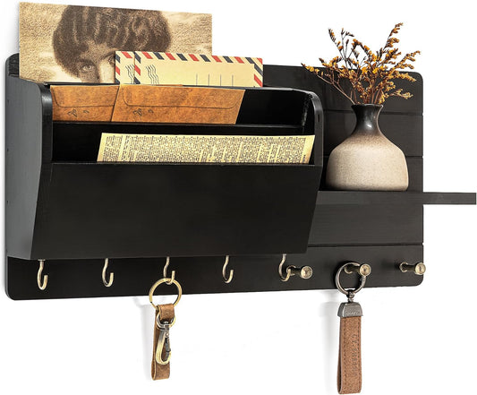 Rebee Vision Pine Wood Key Holder Wall Mount for Home Decor - Stylish Mail Holder Wall Mounted with Shelf & Hooks for Entryway - File Organizer with 3-Tire Mail Sorter for Lettter, Paper (Light Brown)