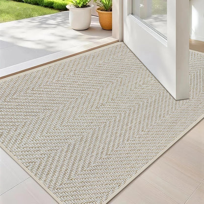 Ultra Thin Indoor Door Mat 24"x36", Washable Door Mat Indoor Entrance, Non Slip Rubber Backing Doormat Low-Profile Inside Entryway Mat, Unique Herringbone Design Entry Mat, Khaki (FOLD)