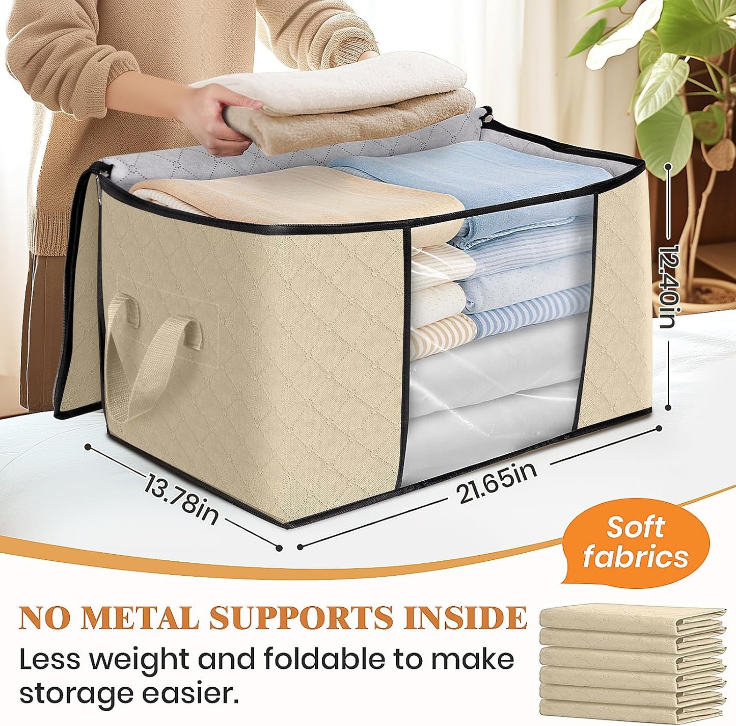 Fab totes 6 Pack Storage Bags for Clothes and Blanket, Foldable Closet Organizers and Storage with Zippers, Clear Window and Handles, Fabric Storage Bins for Sweater, Comforter, Bedding,Linen Sheets