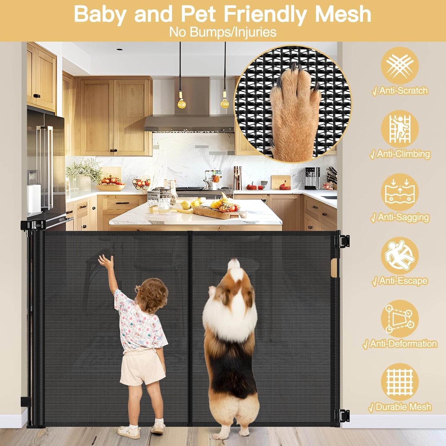 Newly Enhanced - 42" Tall × 120" Extra Wide Retractable Baby Gate Keeps Pets from Getting Under Tall Dog Gate, Indoor/Outdoor Baby Gates for Dogs, Retractable Dog Gate for Large Openings, White