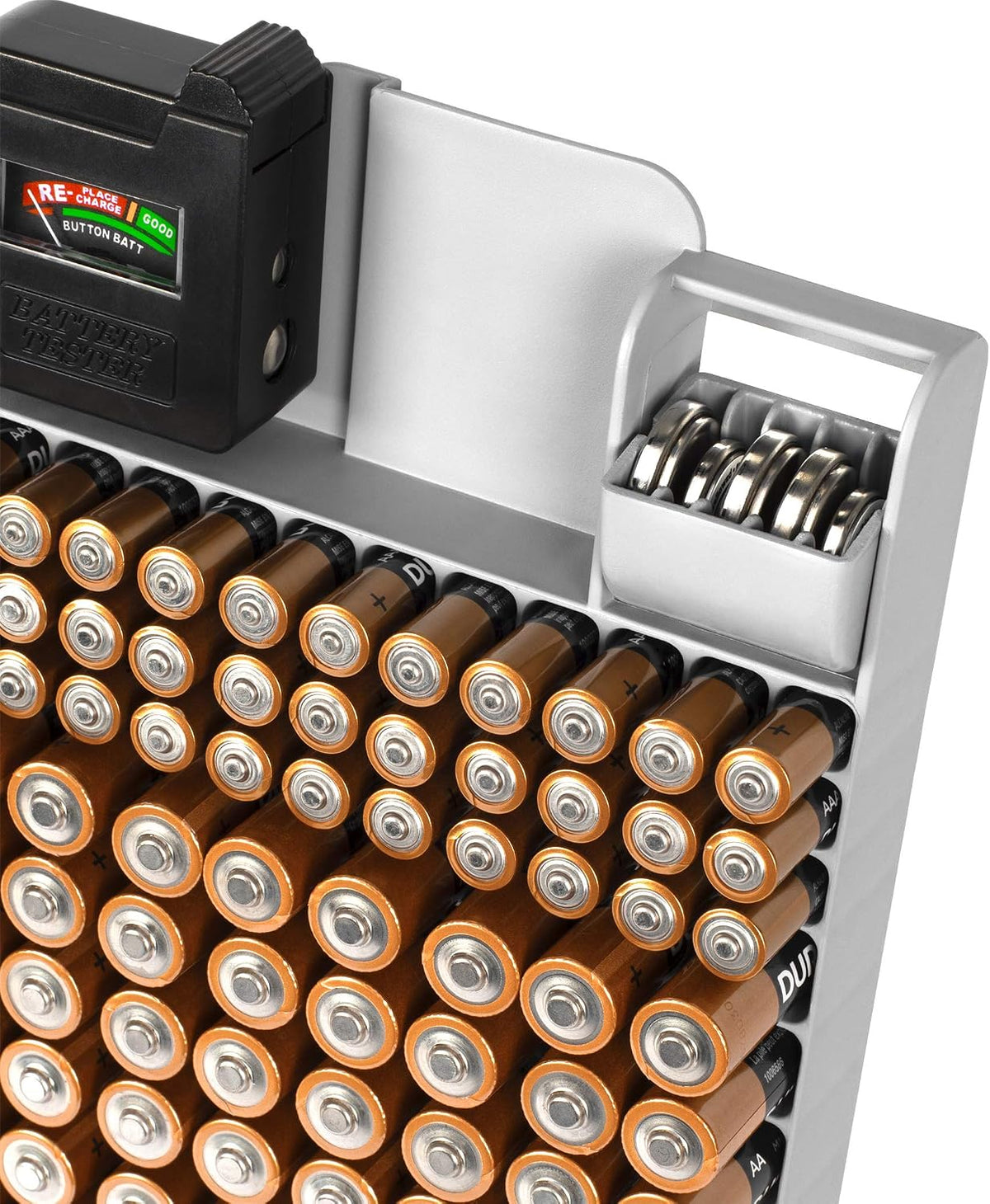 Richards Battery Organizer with Energy Tester, Holds 109 Batteries of Different Sizes for AAA, AA, 9V, C, D, and Button Battery