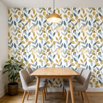 Blue Gold Leaf Peel and Stick Wallpaper Modern Self Adhesive Contact Paper Waterproof Removable Wall Paper for Bathroom Living Room 17.7"x70.8" Luxury Decorative Wallpaper