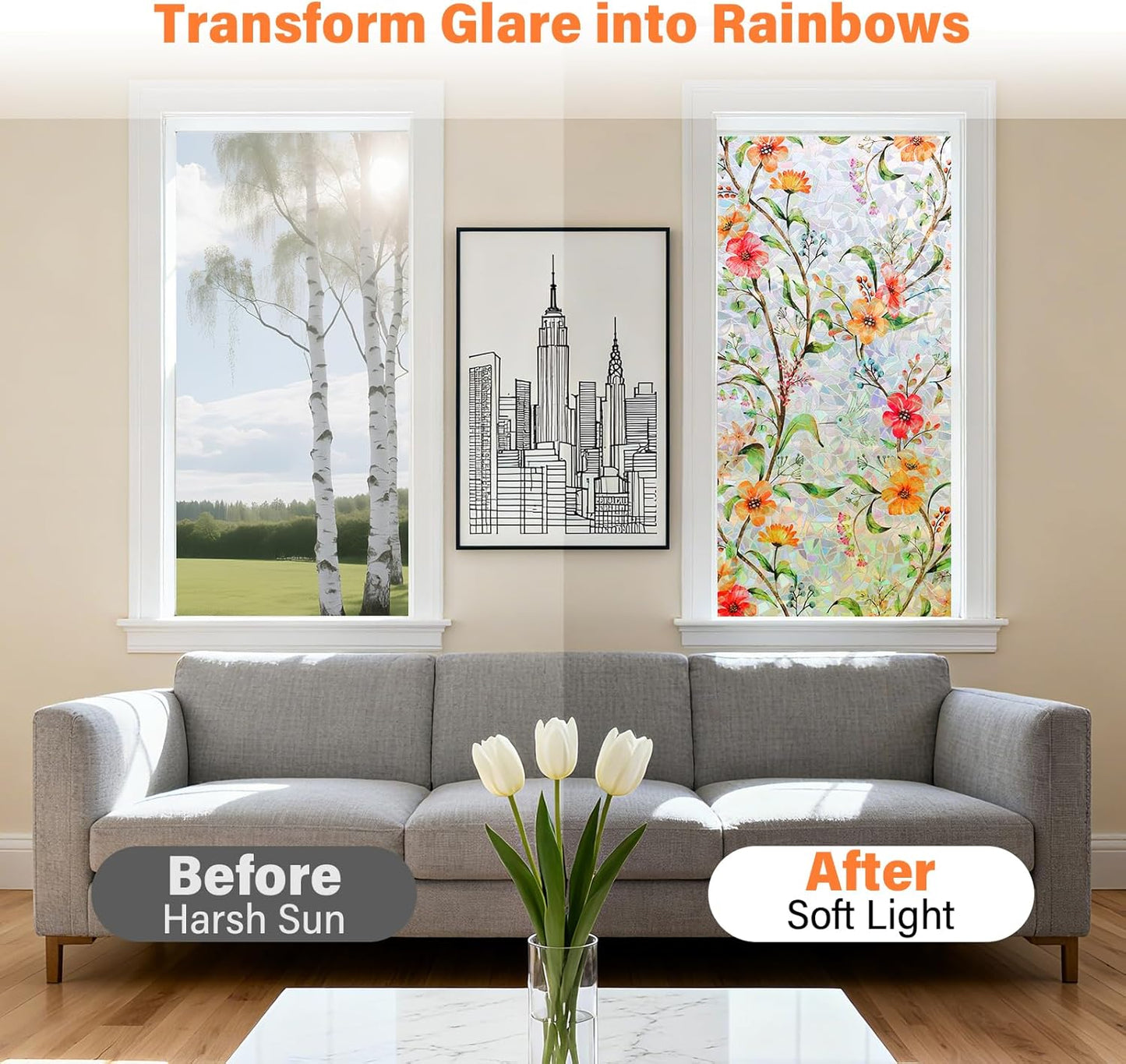 Finnez Window Privacy Film 3D Static Cling Window Film, No Glue Heat Control & 96% UV Blocking for Home Office, Decorative Frosted Glass Cover 17.5 Inch x 6.5 Feet