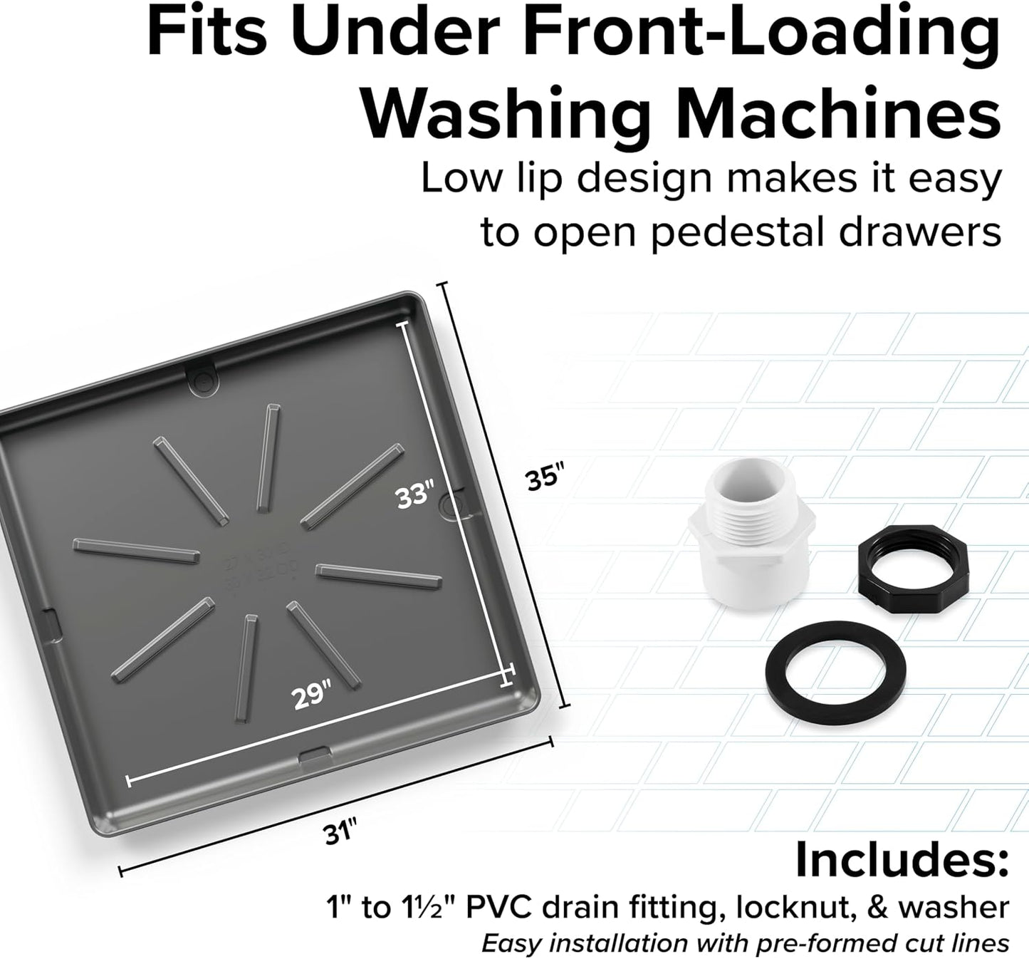 Camco Washing Machine Drain Pan - Features a Durable Plastic Construction, 1-inch/1.5-inch PVC Drain Fitting, and Measures 30-inches (L) x 32-inches (W) x 2 ½-inches (H) (OD) (20750)