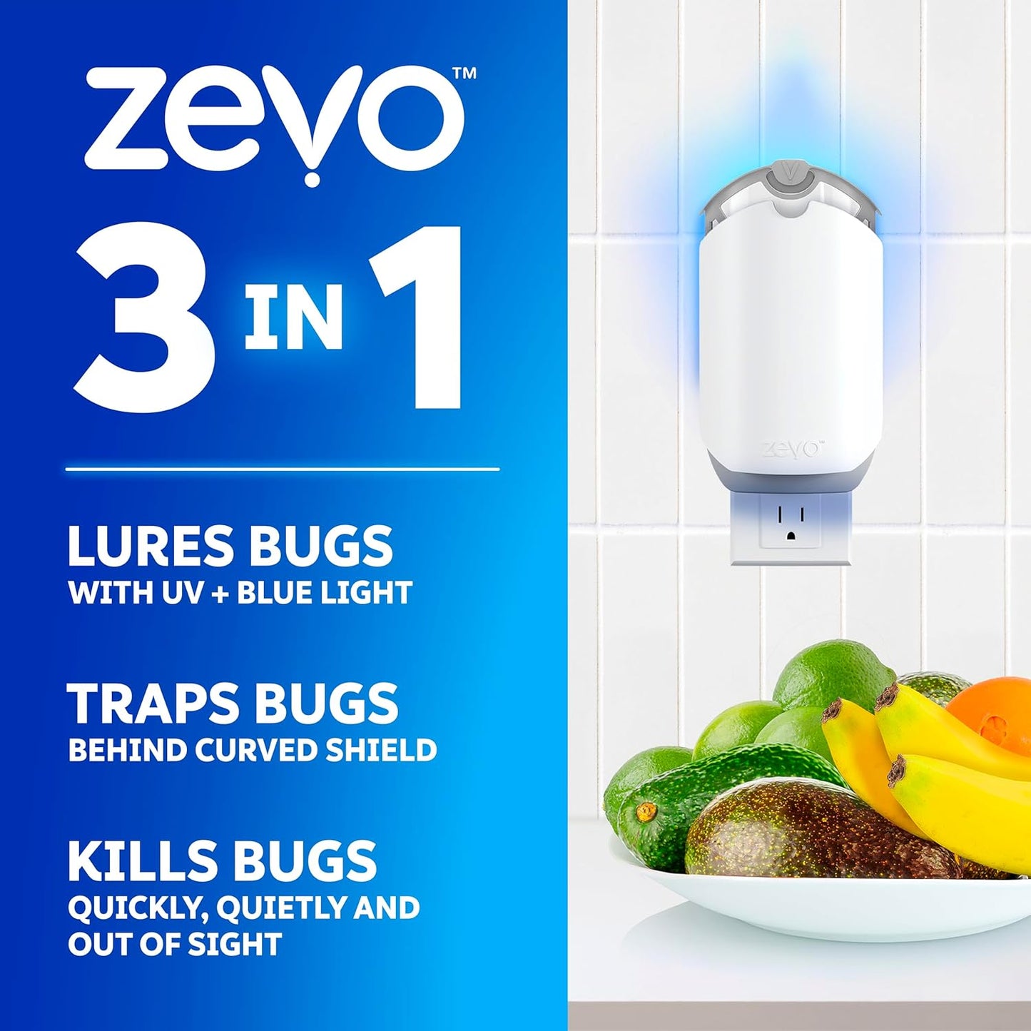 Zevo Flying Insect Trap - Plug-in Indoor Fly Trap and Bug Light Trap Refill with Blue and UV Light - No-Mess Cartridge for House Flies, Fruit Fly Trap and Gnats (1 Plug-in Base and 1 Cartridge)