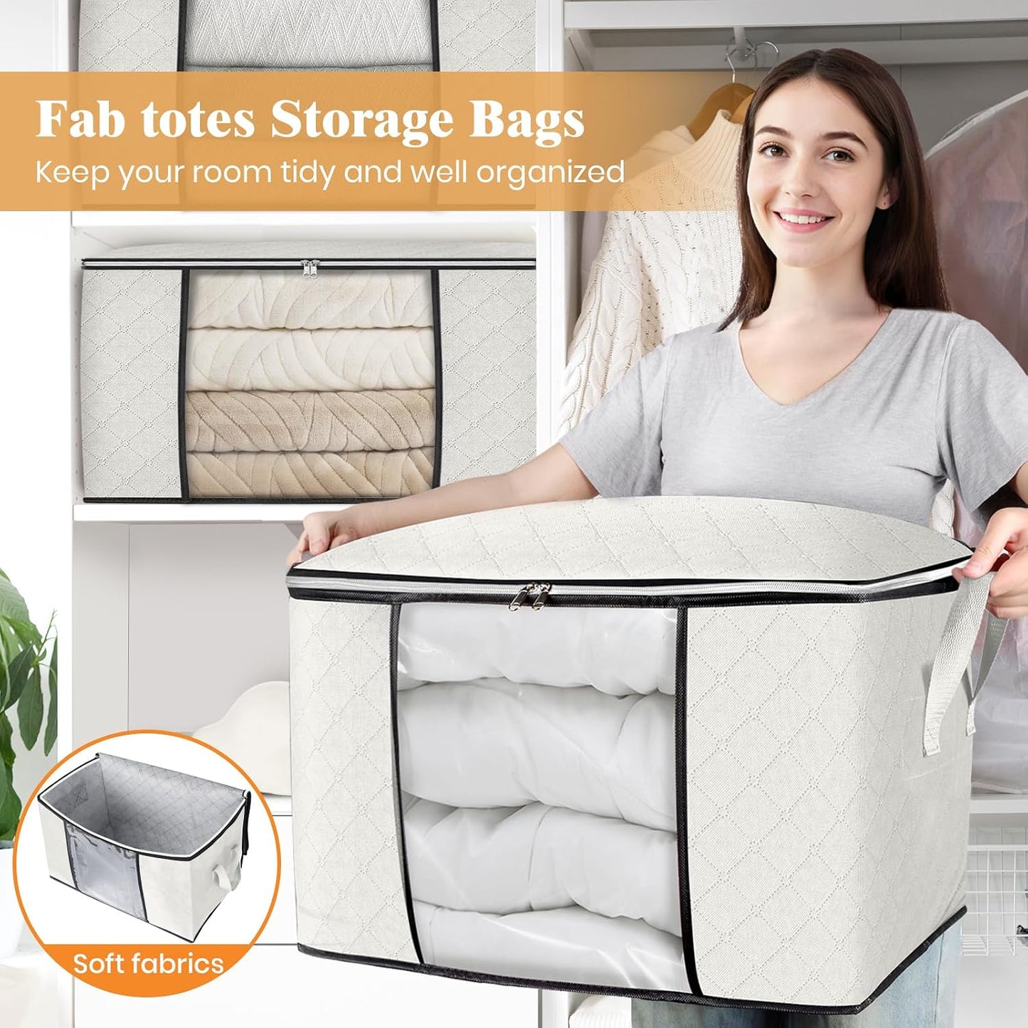 Fab totes 6 Pack Storage Bags for Clothes and Blanket, Foldable Closet Organizers and Storage with Zippers, Clear Window and Handles, Fabric Storage Bins for Sweater, Comforter, Bedding,Linen Sheets