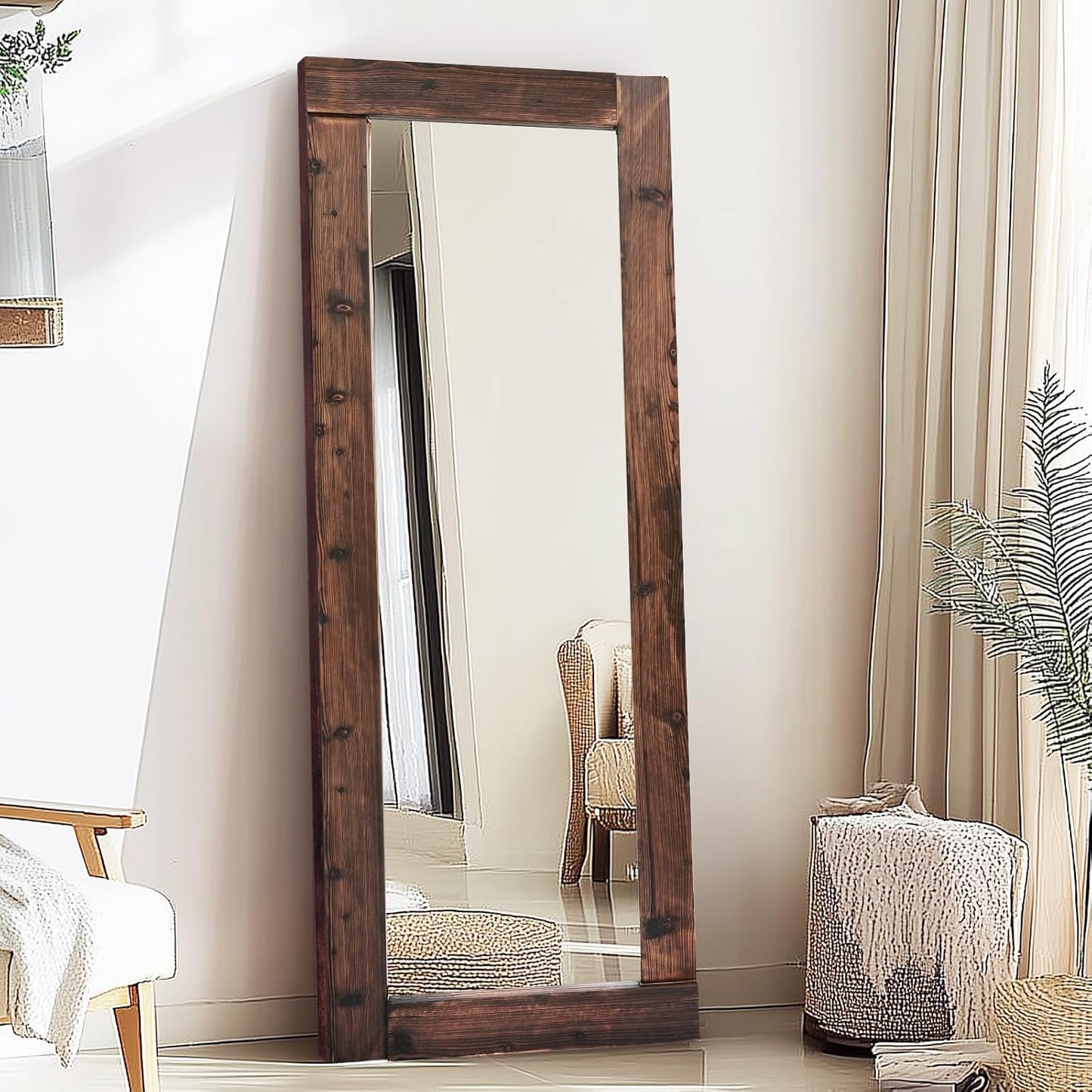 Solid Wood Full Length Mirror - 65"x22" Arched Floor Mirror, Free Standing & Wall Mounted - Elegant Design for Bedroom, Dressing Room, Hallway, Brown