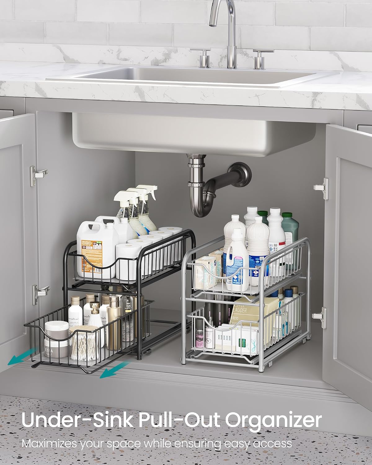 SONGMICS 2-Tier Pull Out Cabinet Organizers, Under Sink Organizer, Bathroom Organizer and Storage, Sliding Basket Drawers, Stackable for Kitchen, Bathroom, Metallic Silver UKCS017E01