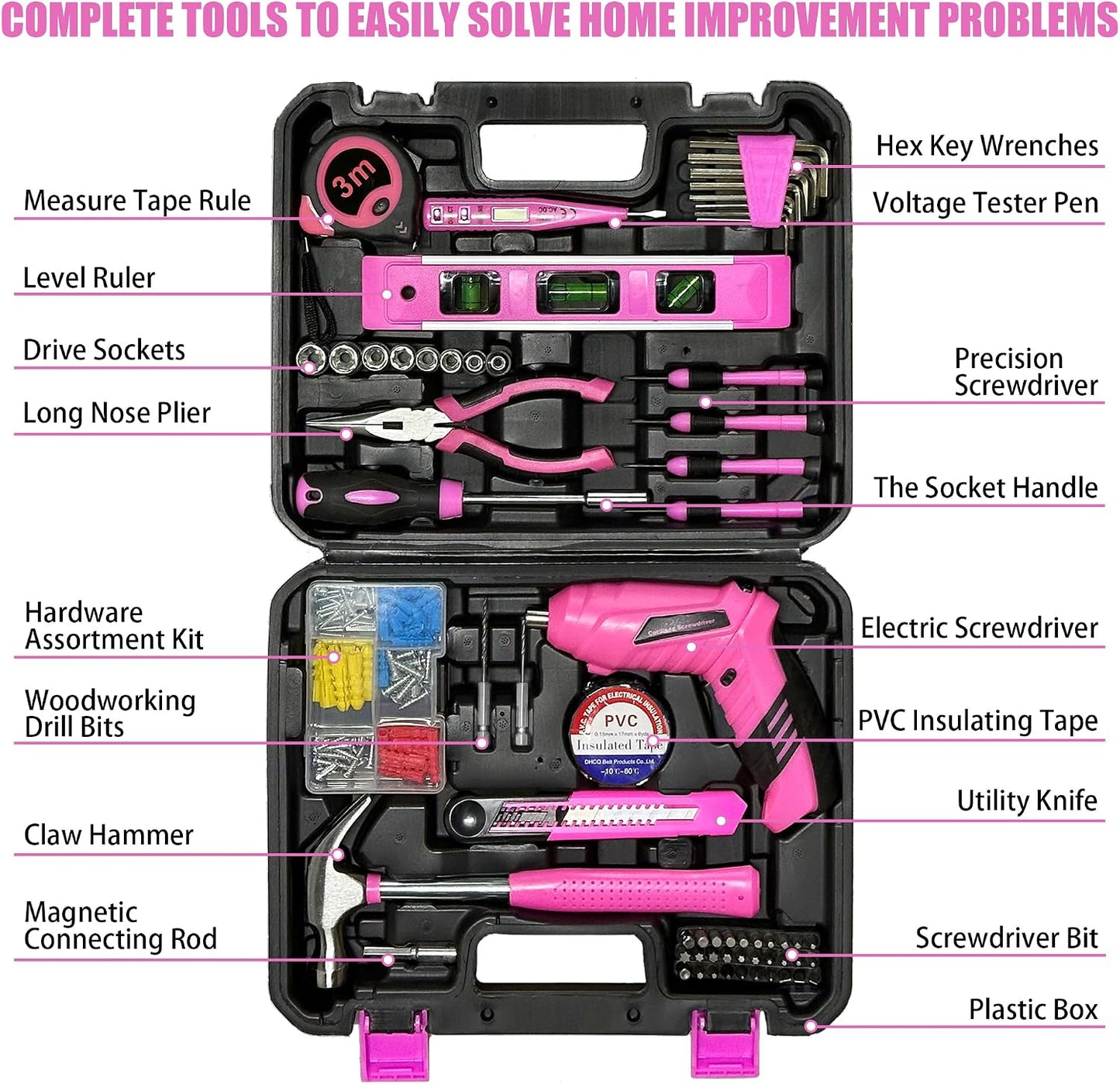 Pink Toolbox Essentials for Women Girls Starter DIY Drilling Kit with Cordless Power Tools, Electric Drill, Hammer, Screwdriver Sets, Mini Hand Tools, and Combo Bits for Home Repair Household Gift