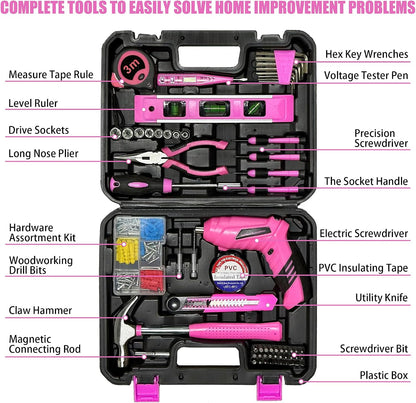 Pink Toolbox Essentials for Women Girls Starter DIY Drilling Kit with Cordless Power Tools, Electric Drill, Hammer, Screwdriver Sets, Mini Hand Tools, and Combo Bits for Home Repair Household Gift
