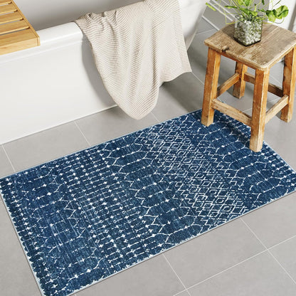 Lahome Moroccan Entry Rug 2x3, Non-Slip Washable Front Indoor Door Mat Rubber Backing Low-Profile Door Rugs, Small Geometric Print Distressed for Entryway Bathroom Kitchen, Black Hana