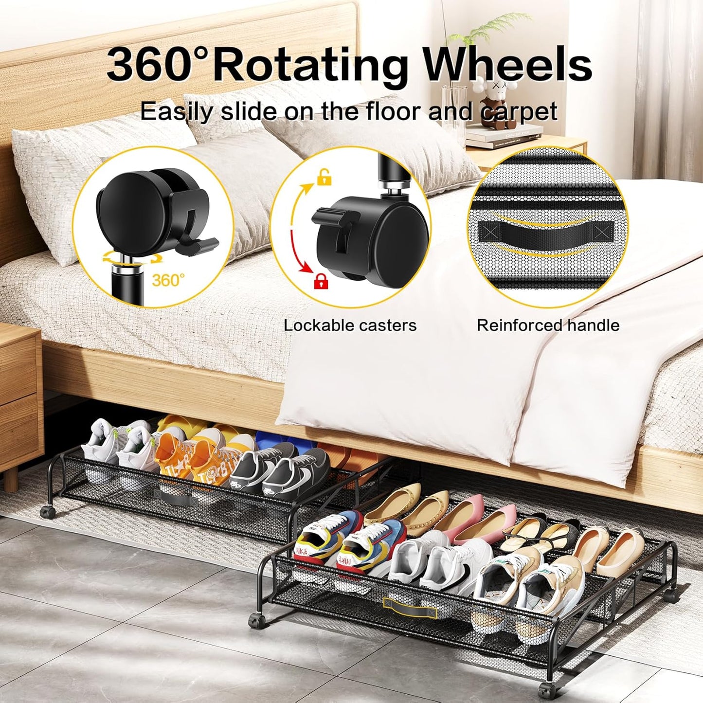 Under Bed Shoe Storage Organizer, 2 Pack Under Bed Storage Containers with Wheels for Under Bed Shoe Organizer Drawer Space Saving for bedroom