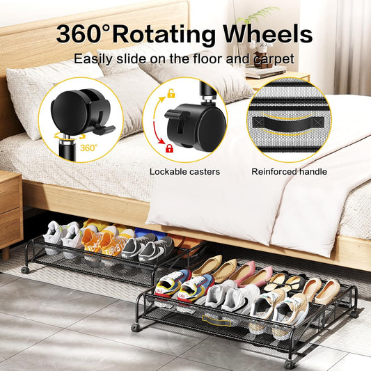 Under Bed Shoe Storage Organizer, 2 Pack Under Bed Storage Containers with Wheels for Under Bed Shoe Organizer Drawer Space Saving for bedroom