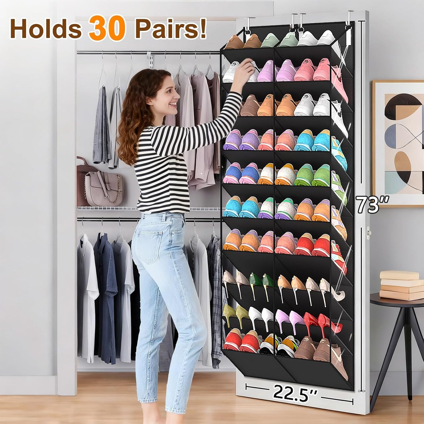 UVIAHOMI 20-30 Pairs Over the Door Shoe Organizer, Clear Pockets Hanging Shoe Storage for Closet, 10-Tier Door Shoes Rack, Handing Shoes Holder Fit All the Family's Sneakers, Boots, Heels, White