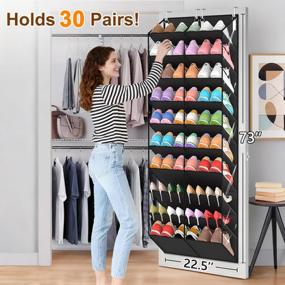 UVIAHOMI 20-30 Pairs Over the Door Shoe Organizer, Clear Pockets Hanging Shoe Storage for Closet, 10-Tier Door Shoes Rack, Handing Shoes Holder Fit All the Family's Sneakers, Boots, Heels, White