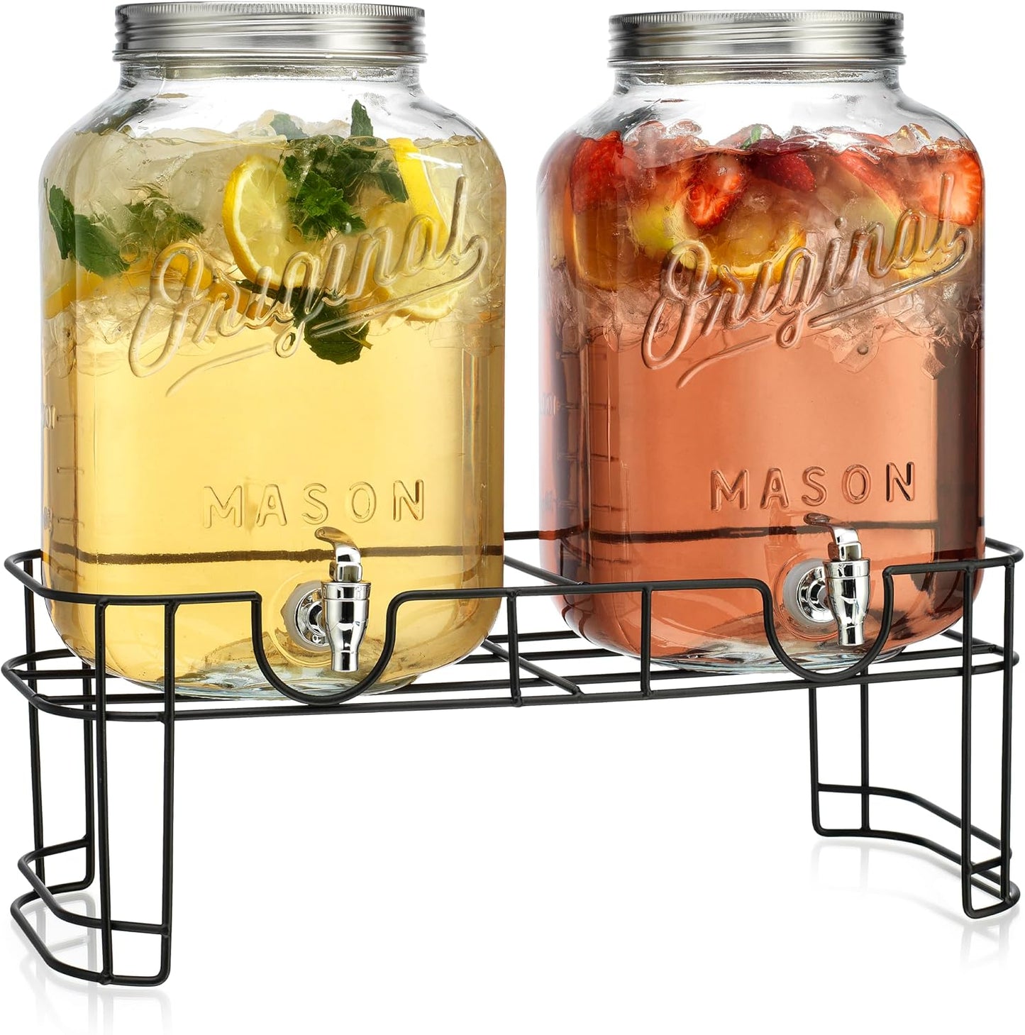 2 GALLON - 2 PACK Glass Drink Dispensers for Parties, Mason Jar Beverage Dispensers with Metal Stand, Glass Water Dispenser with Spigot, Laundry Detergent Dispenser