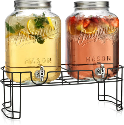 2 GALLON - 2 PACK Glass Drink Dispensers for Parties, Mason Jar Beverage Dispensers with Metal Stand, Glass Water Dispenser with Spigot, Laundry Detergent Dispenser