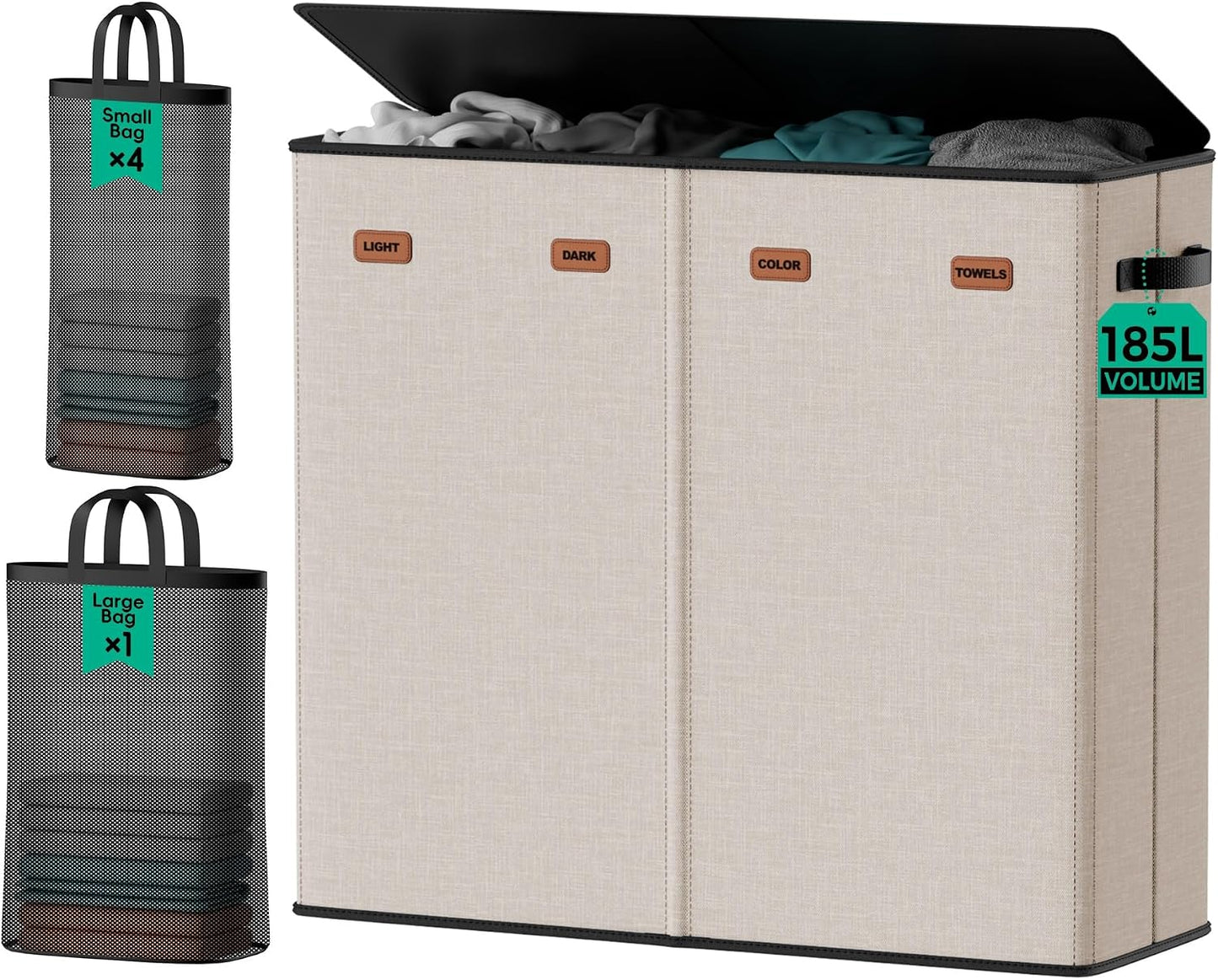 185L Laundry Hamper 3 Section with Lid & Removable Bags | Collapsible laundry basket organizer for laundry room, bedroom & dorm with 3 removable washing bags