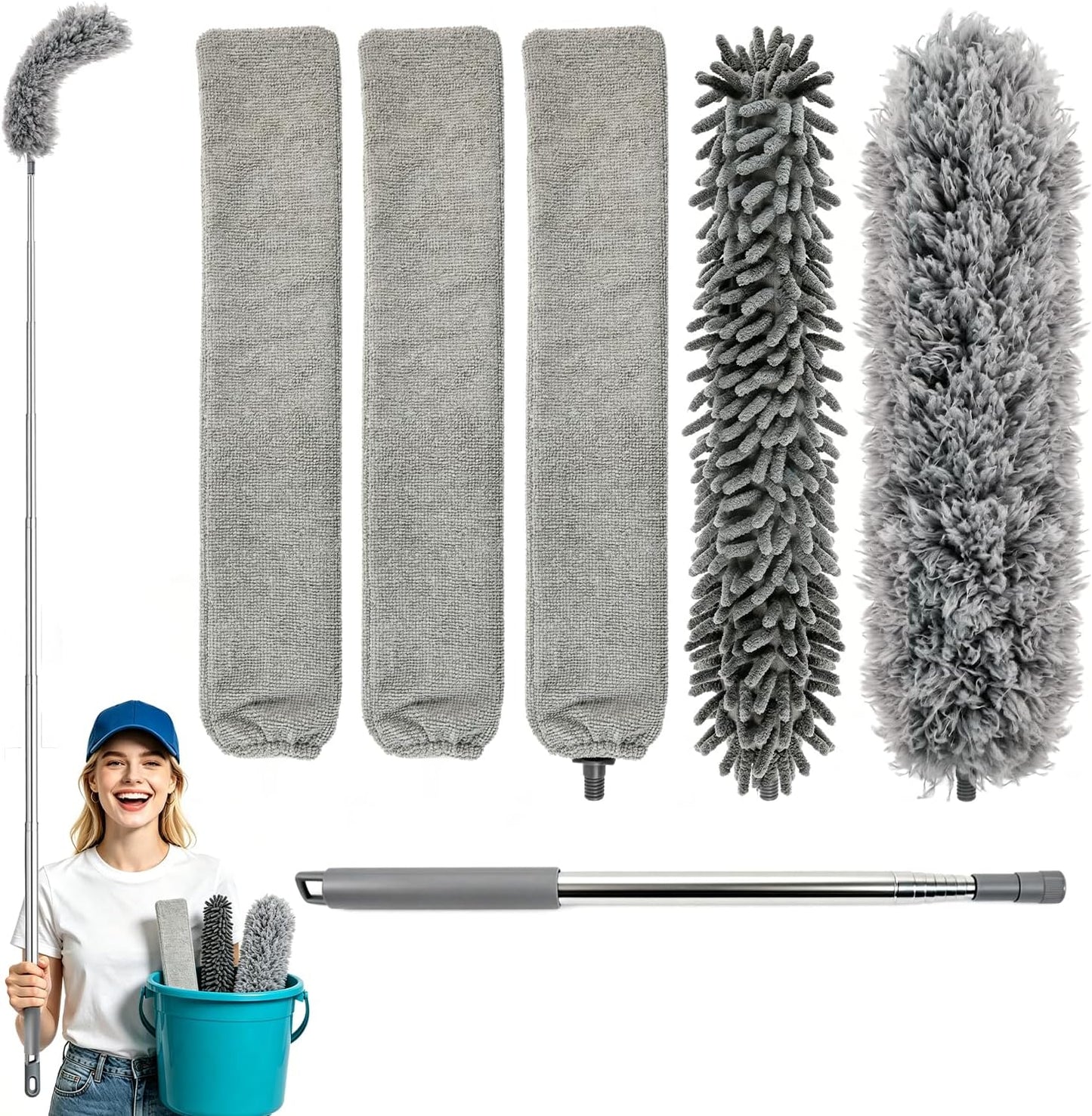 Microfiber Feather Duster 6-in-1 Kit | Extendable Duster with 100" Pole | Washable Long Handle Duster Set for High Ceilings, Fans, Blinds